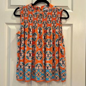 Crown & Ivy Sleeveless Blouse Size L Tropical Orange & Pineapple with Smocking